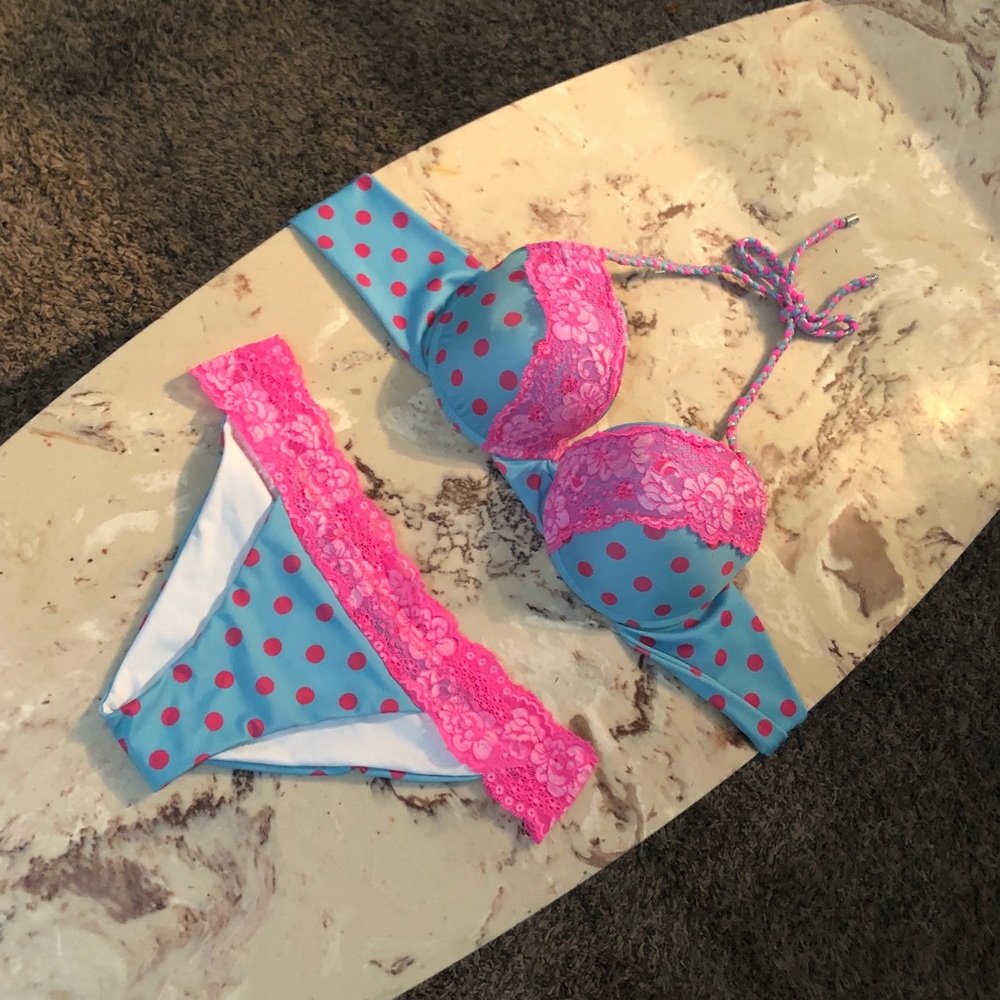 Beach Bunny Aqua Polka Dot Bikini with Hot Pink Lace Trim - Picture 8 of 8